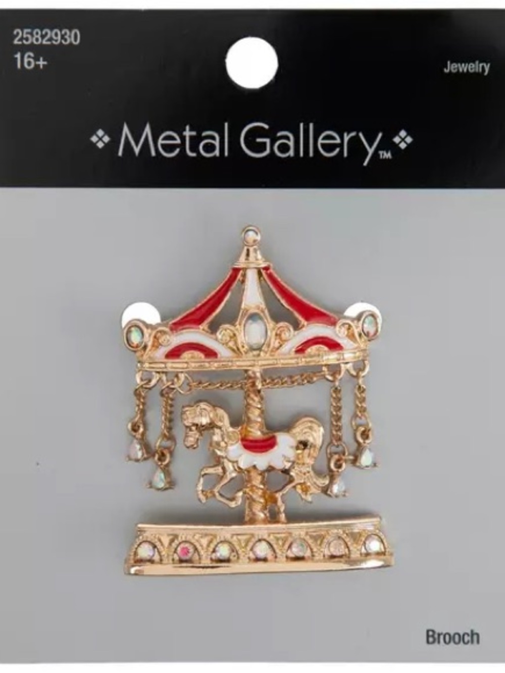 New Metal Gallery Gold Carousel Horse Brooch with Red & White Enamel
